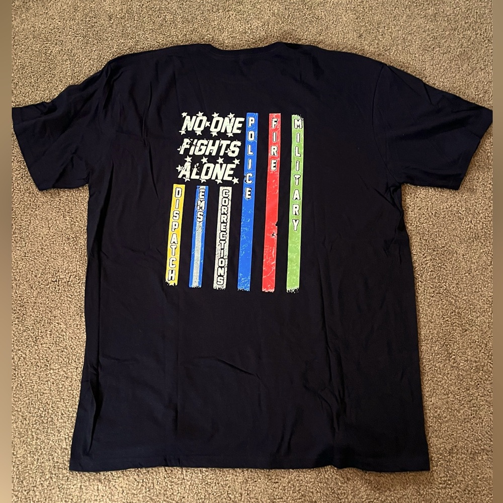 Men’s black Tee with first responder graphics front and back NWOT